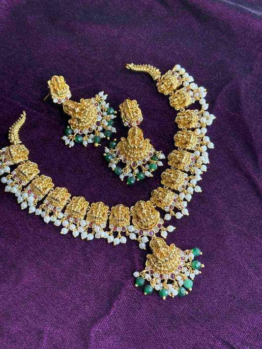 Temple collection Lakshmi Goddess Necklace with earrings N0259-I58