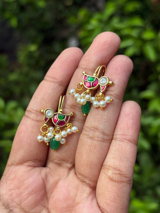Jadau Kundan Parrot Pattern Bugadi Slight  press to adjust to the ears J0113