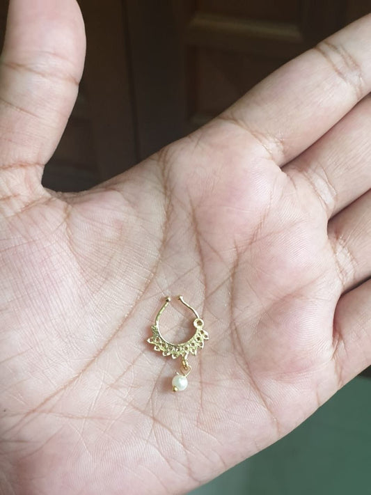 J0117 White AD Stone with a Pearl nose septum Ring