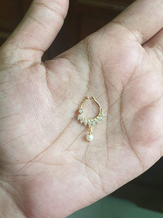 J0117 White AD Stone with a Pearl nose septum Ring