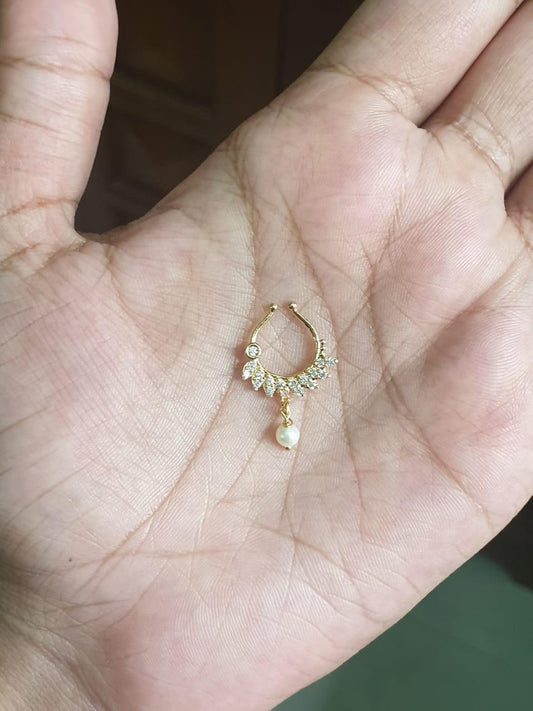 J0117 White AD Stone with a Pearl nose septum Ring