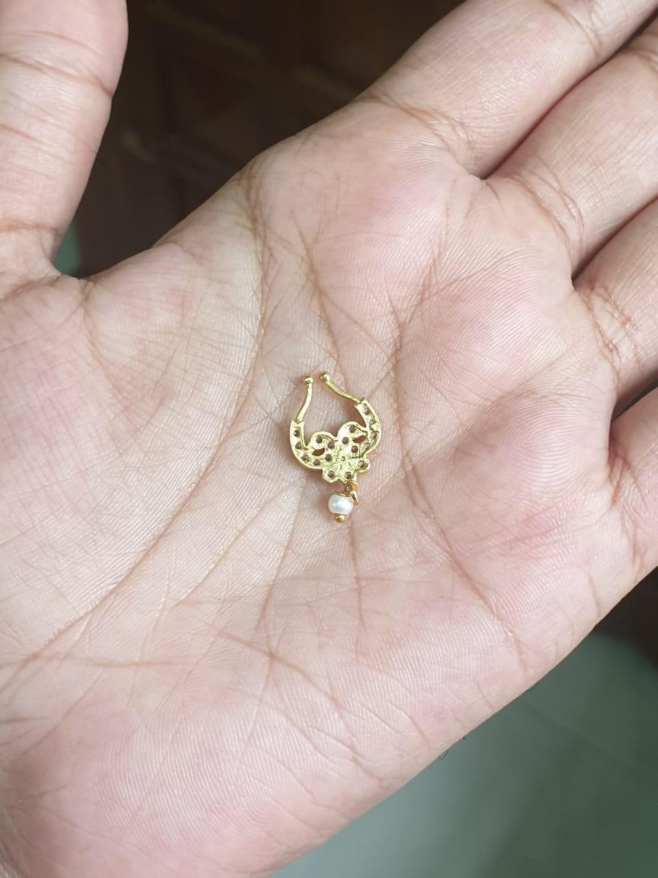 J0118 Peacock Pattern White Stone with a Pearl nose septum Ring