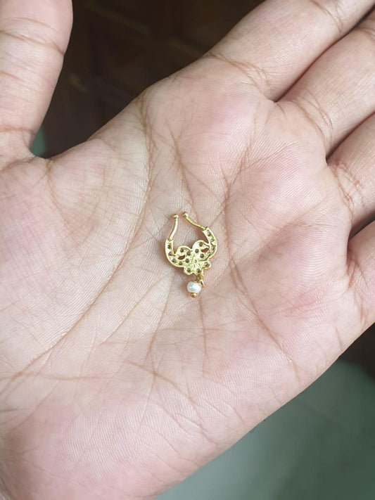 J0118 Peacock Pattern White Stone with a Pearl nose septum Ring