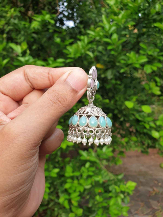 Turquoise & pink Stone Silver Jhumka E001