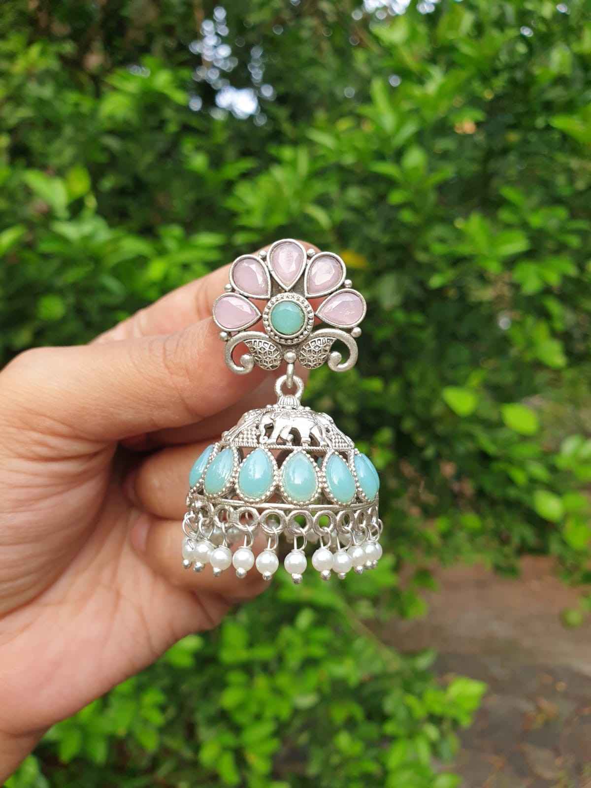 Turquoise & pink Stone Silver Jhumka E001