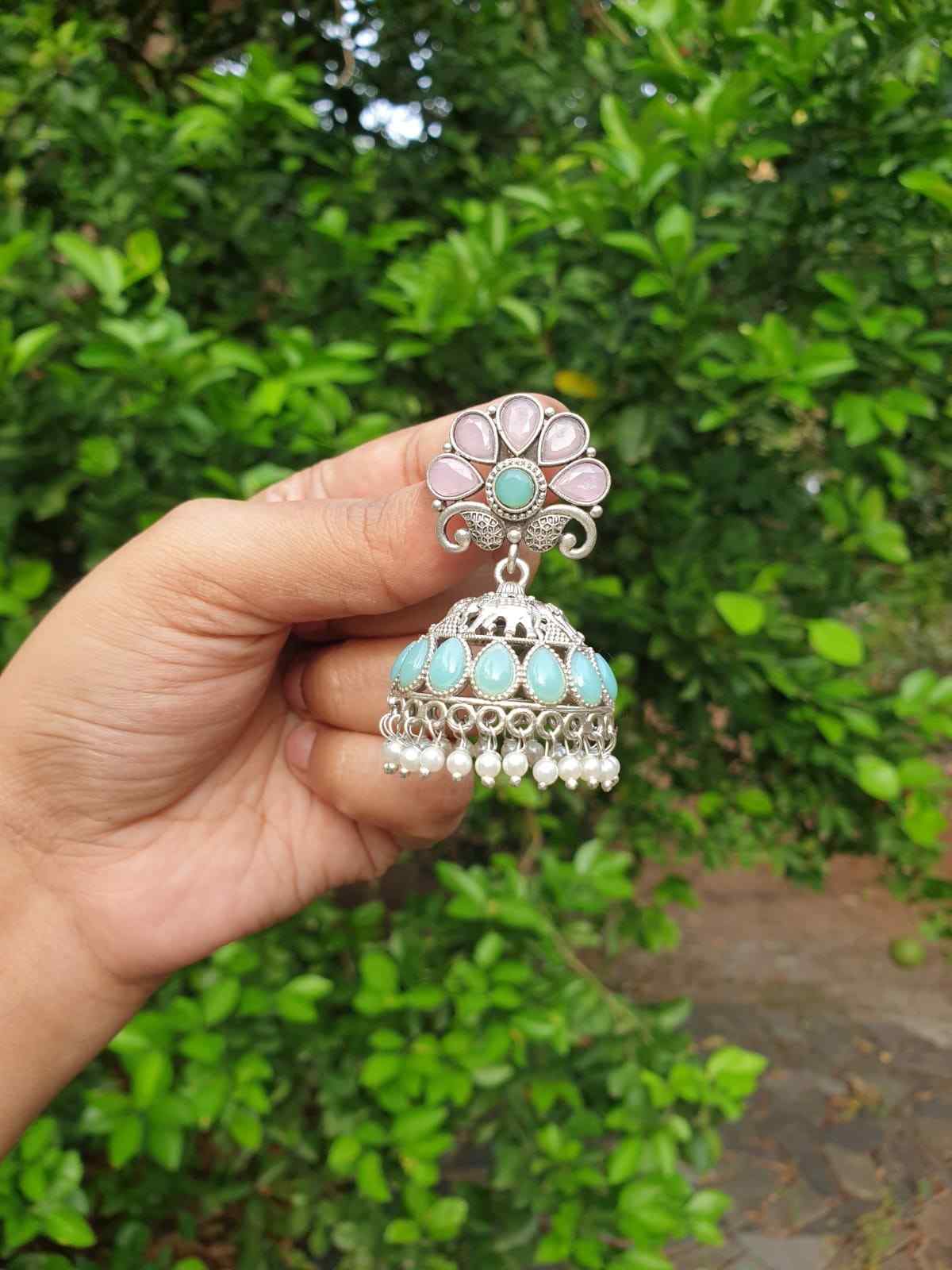 Turquoise & pink Stone Silver Jhumka E001