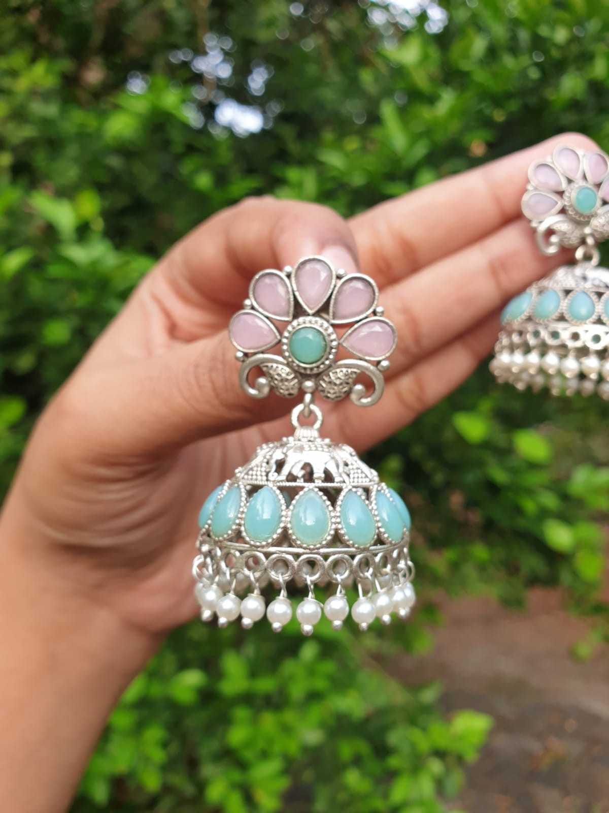 Turquoise & pink Stone Silver Jhumka E001