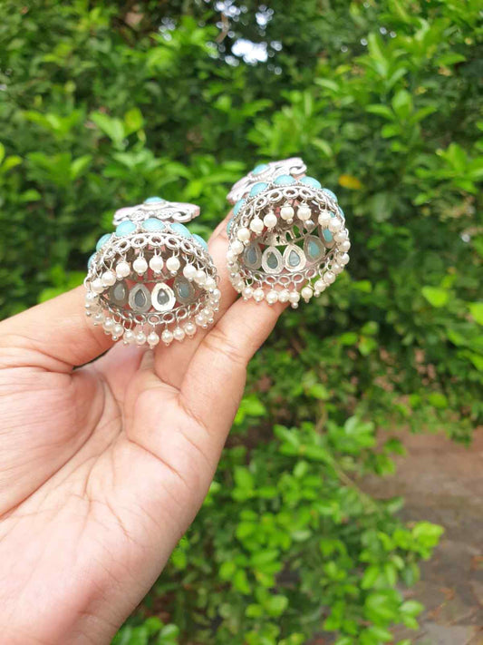 Turquoise & pink Stone Silver Jhumka E001