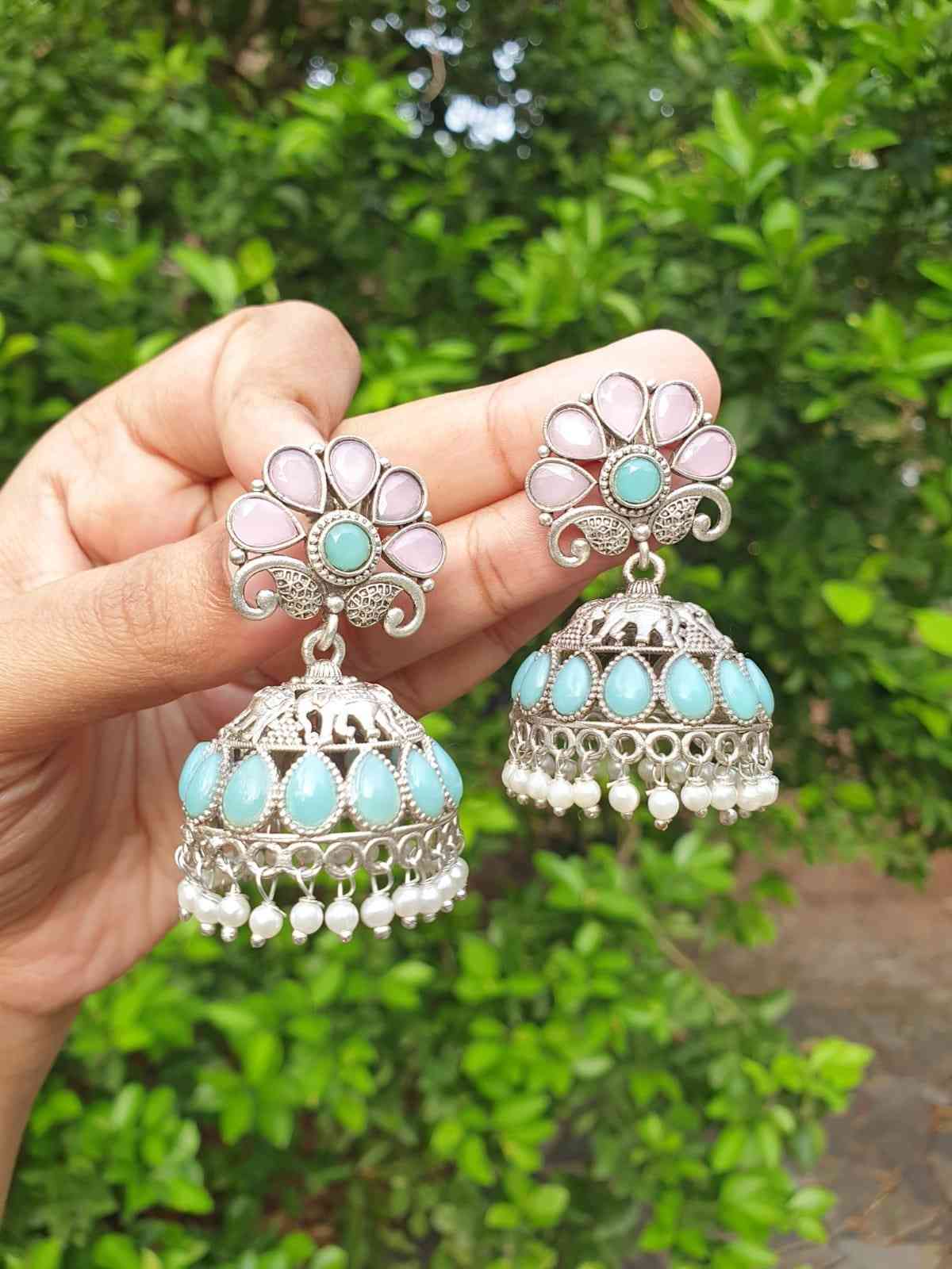 Turquoise & pink Stone Silver Jhumka E001