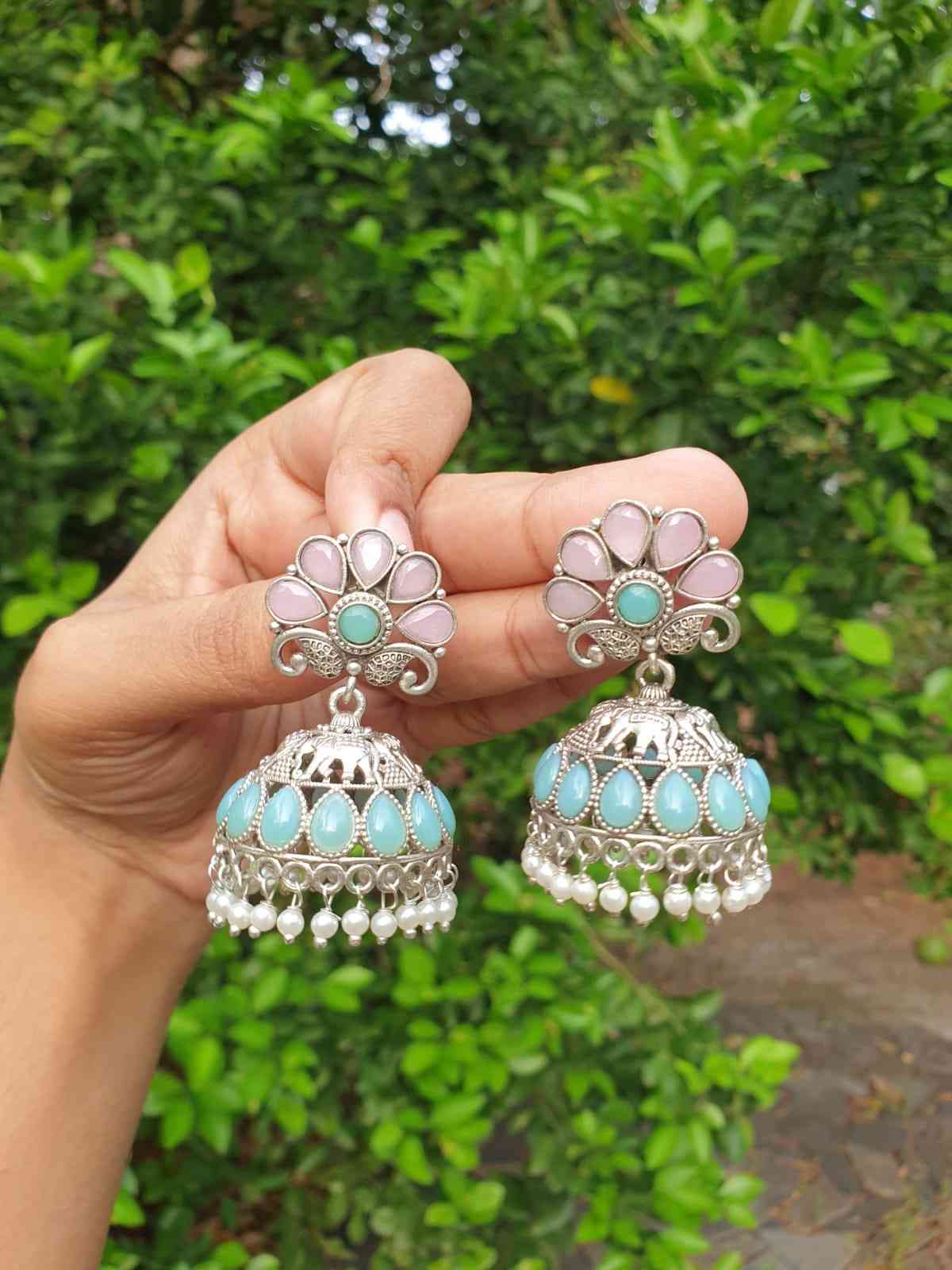 Turquoise & pink Stone Silver Jhumka E001