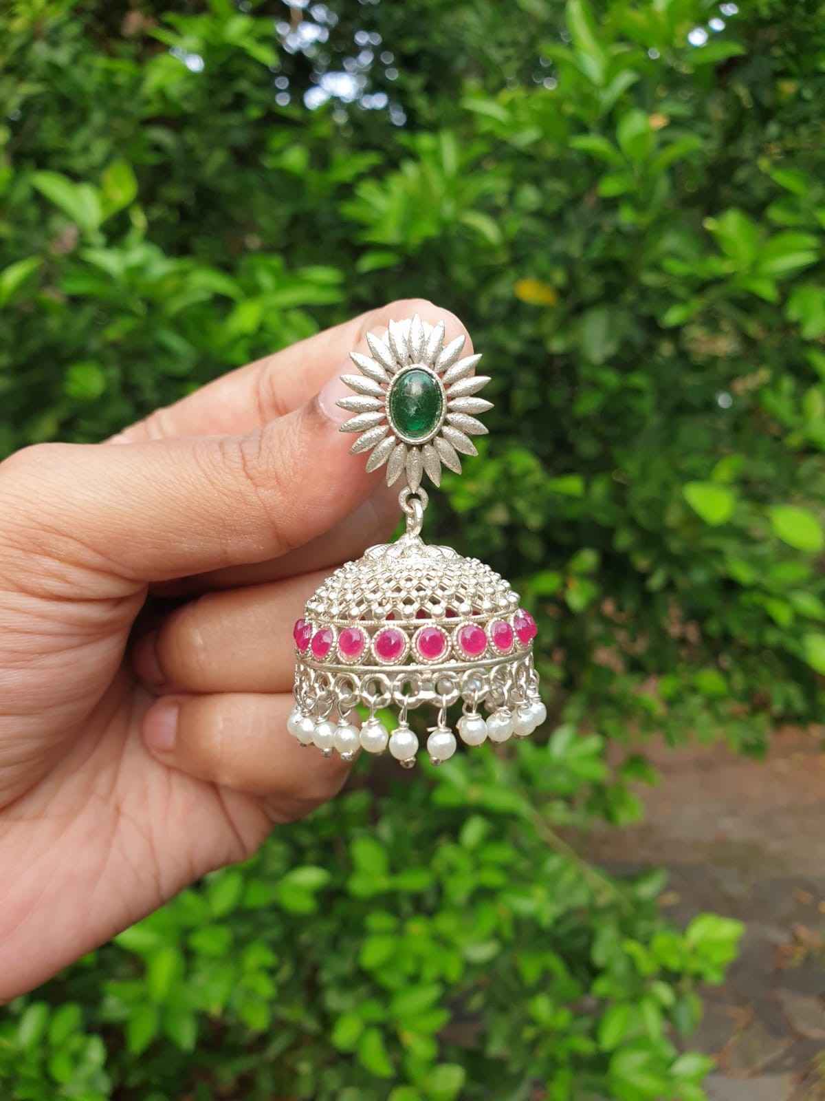 Ruby & Green stone silver Jhumka E003