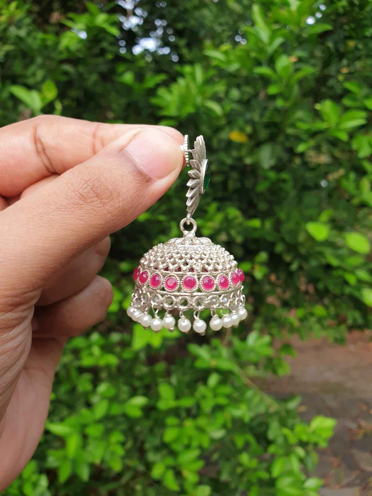 Ruby & Green stone silver Jhumka E003