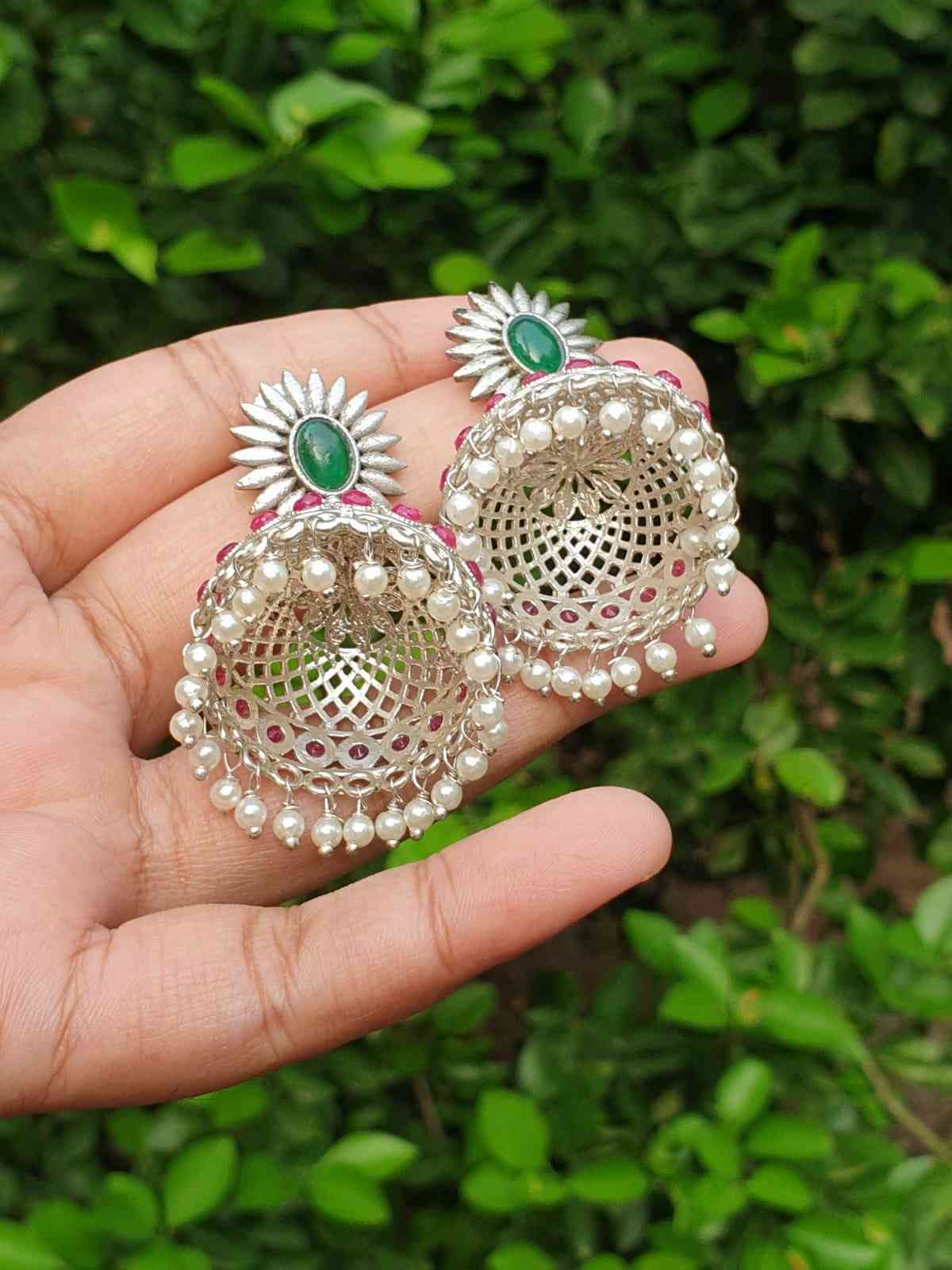 Ruby & Green stone silver Jhumka E003