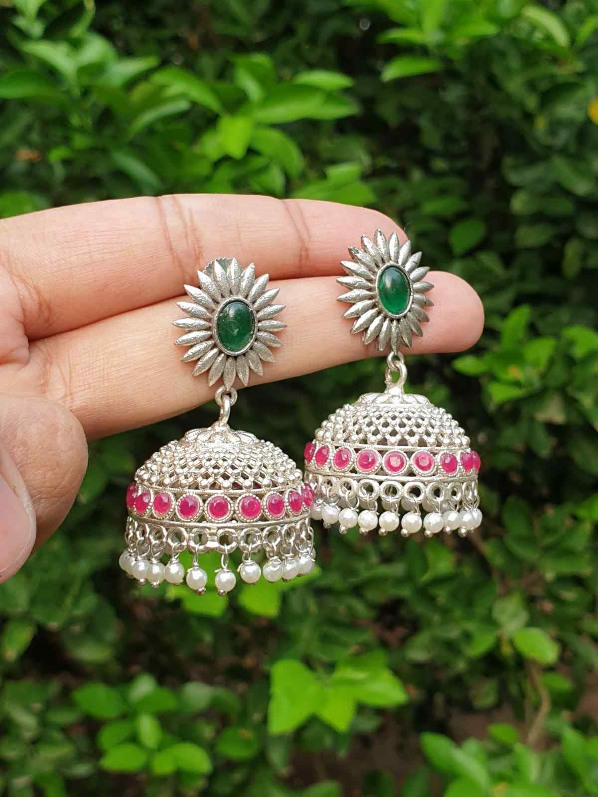 Ruby & Green stone silver Jhumka E003