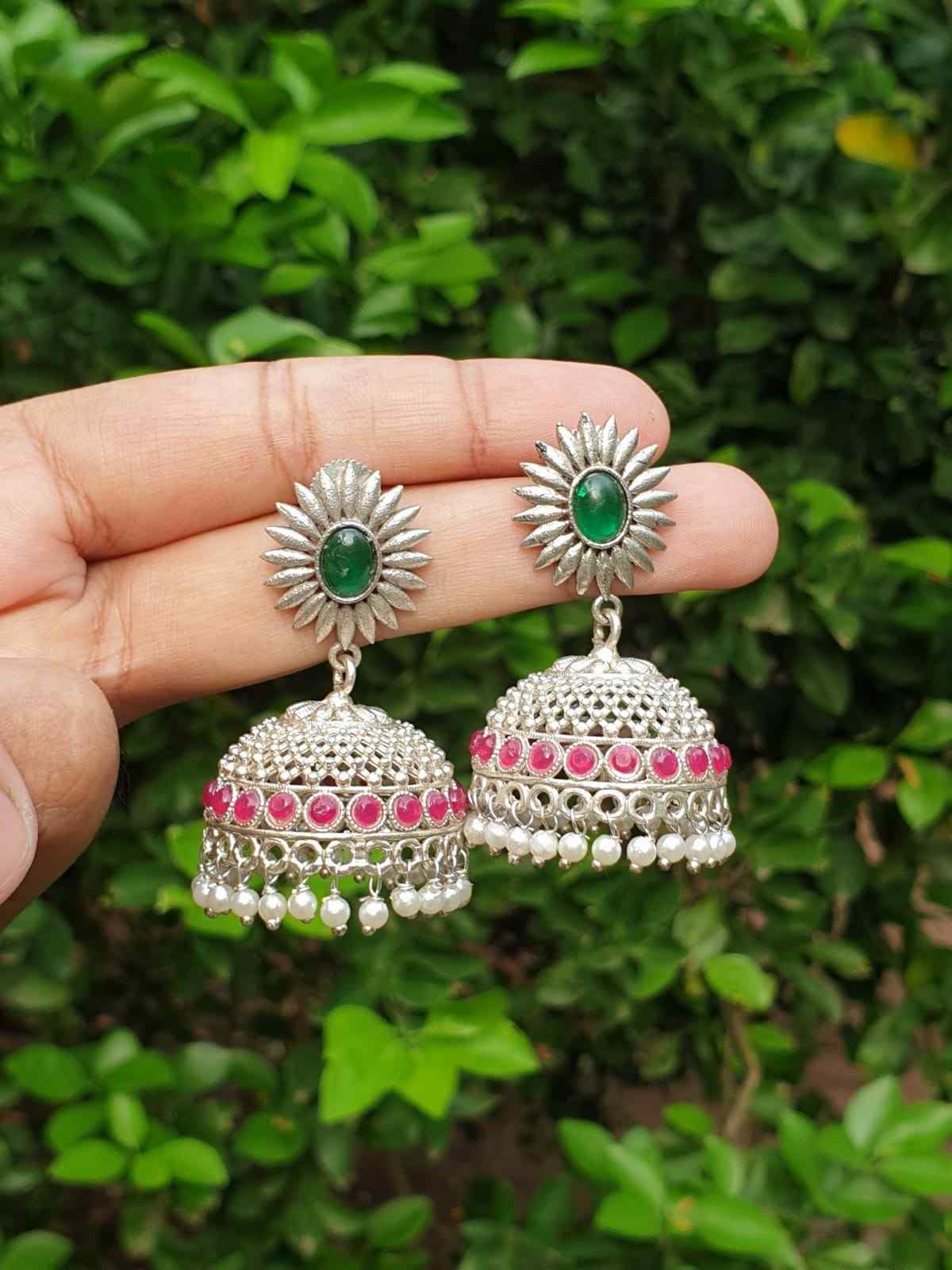 Ruby & Green stone silver Jhumka E003