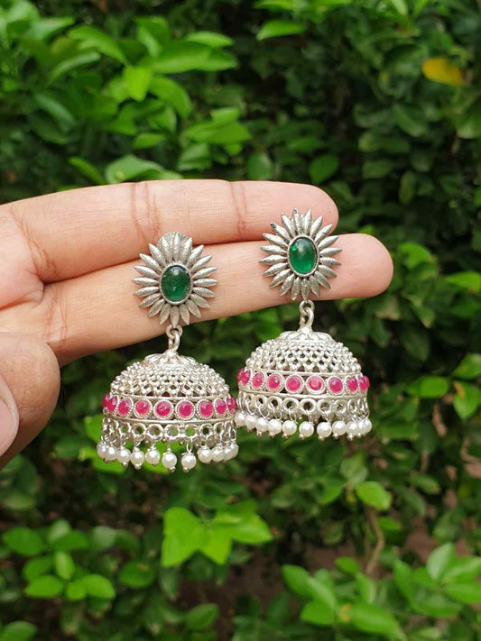 Ruby & Green stone silver Jhumka E003