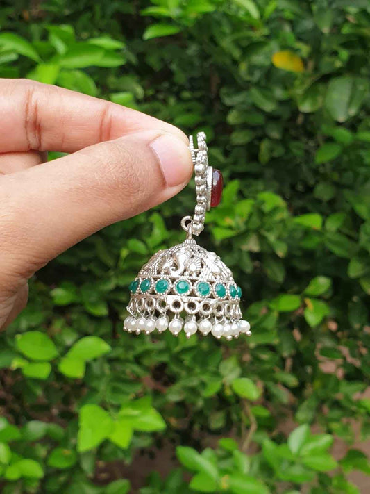 Ruby & Green stone silver Jhumka E004