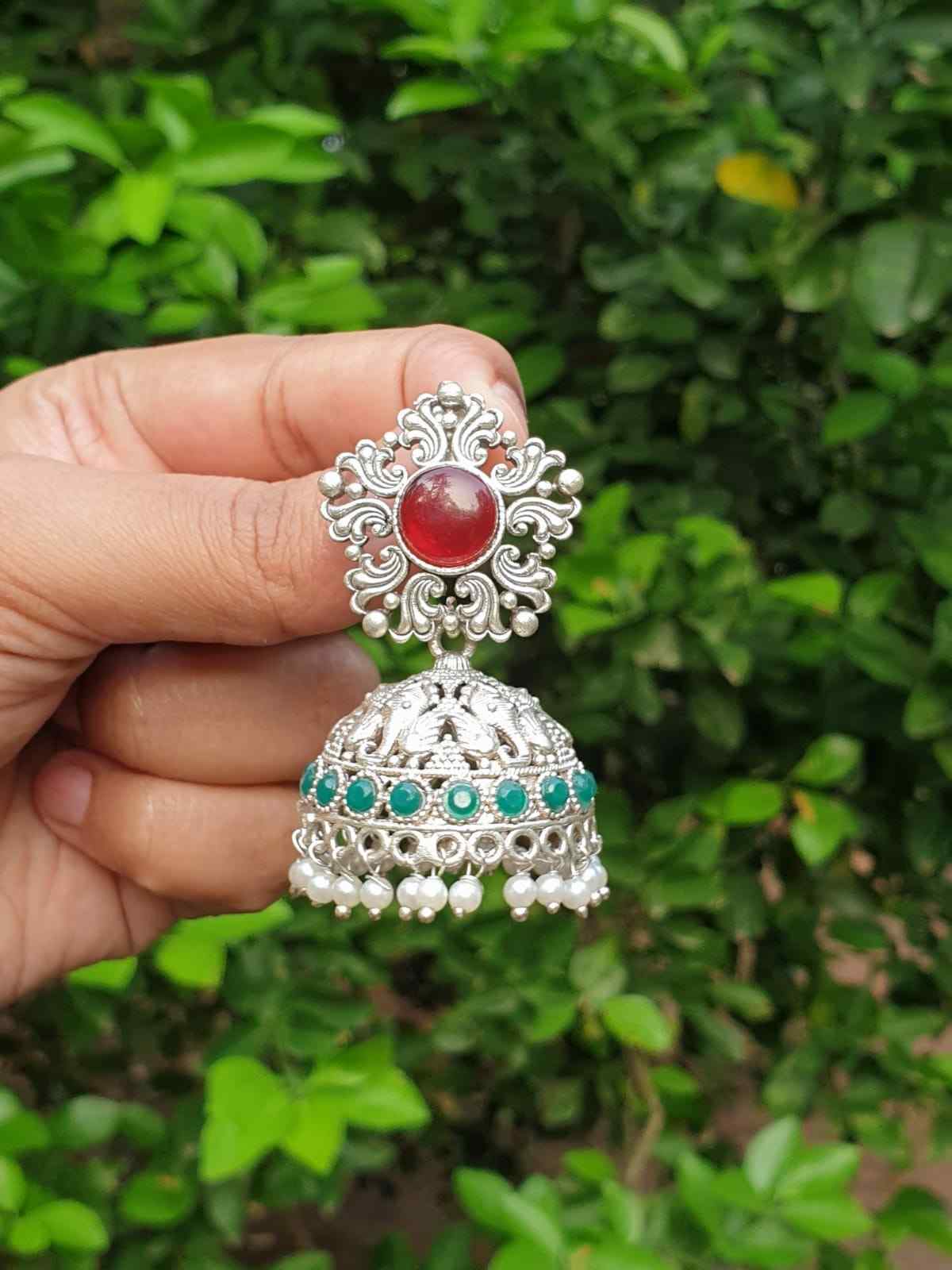 Ruby & Green stone silver Jhumka E004