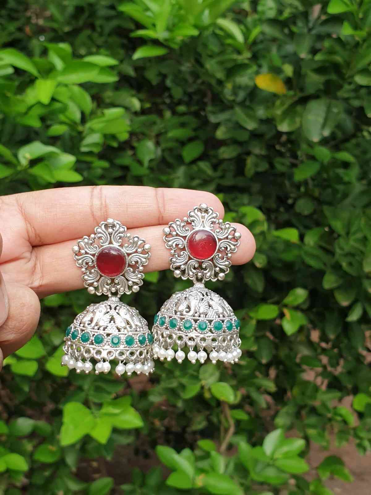 Ruby & Green stone silver Jhumka E004