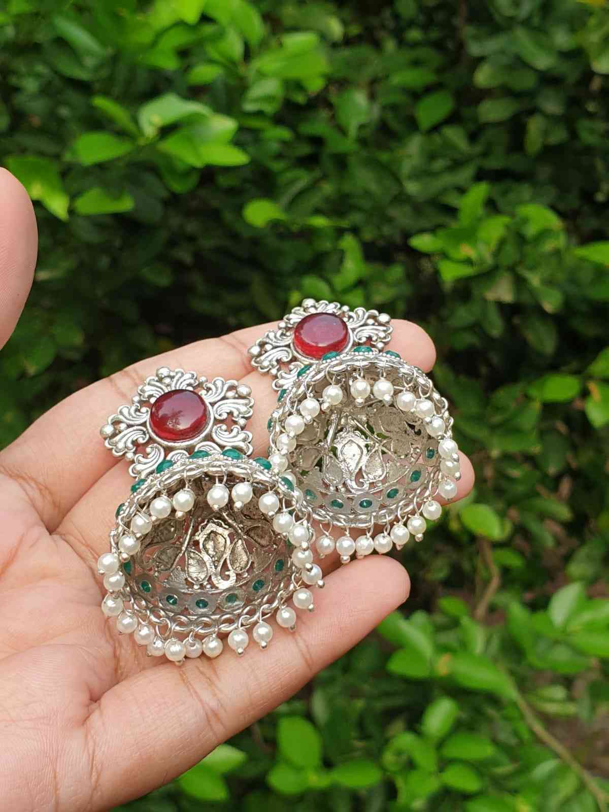 Ruby & Green stone silver Jhumka E004