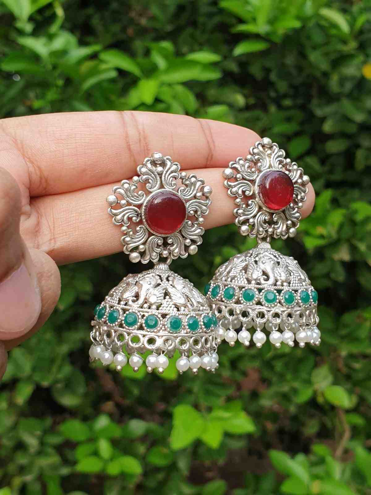 Ruby & Green stone silver Jhumka E004