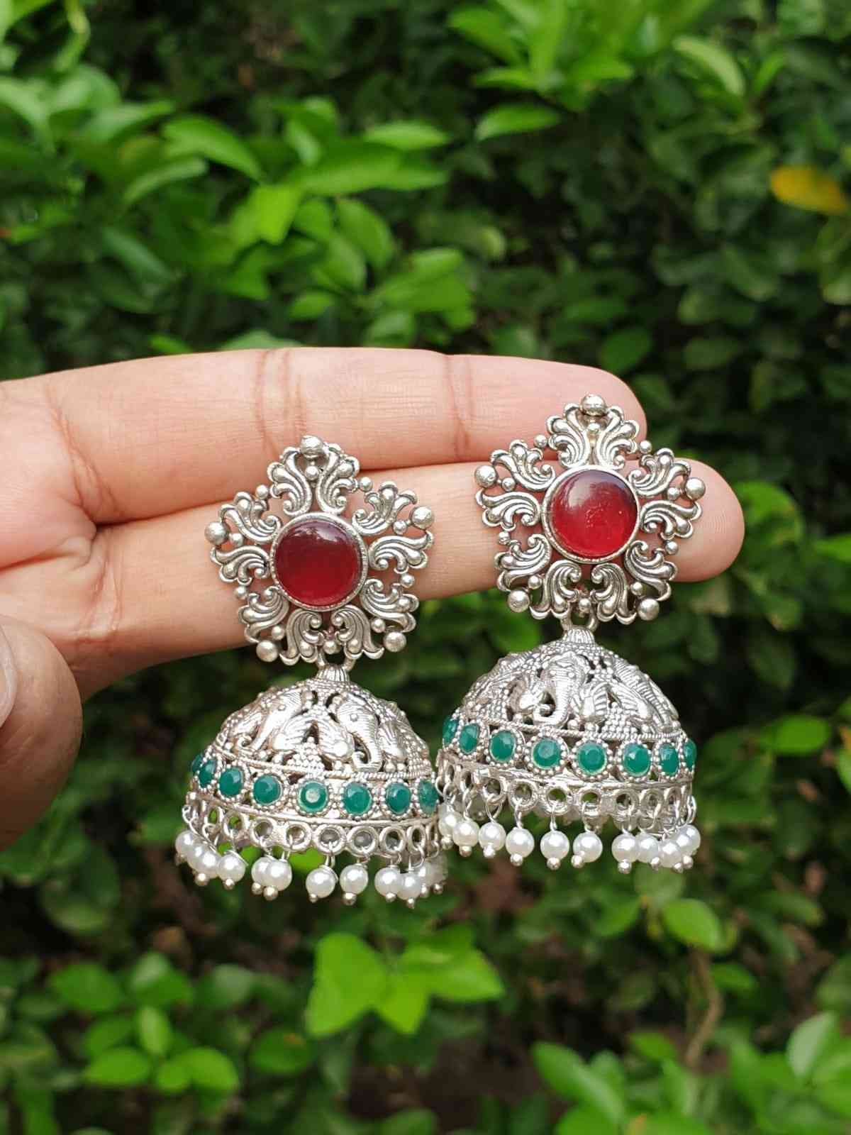 Ruby & Green stone silver Jhumka E004