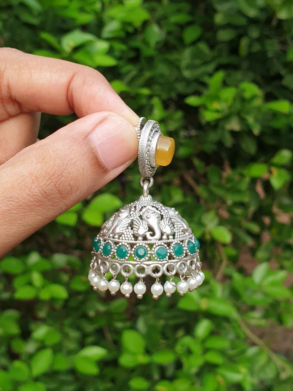 Mustard yellow & Green stone silver Jhumka E005