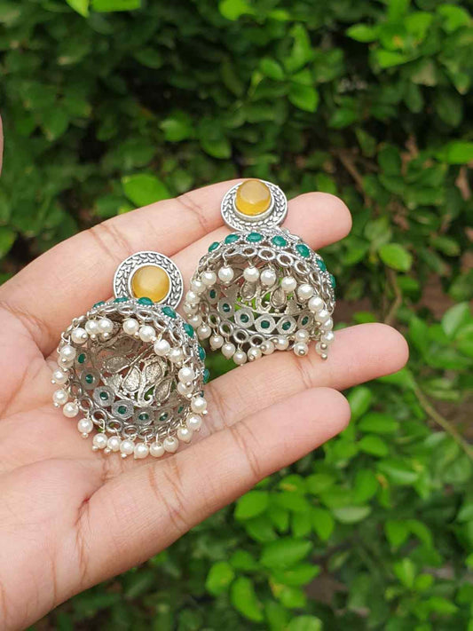 Mustard yellow & Green stone silver Jhumka E005