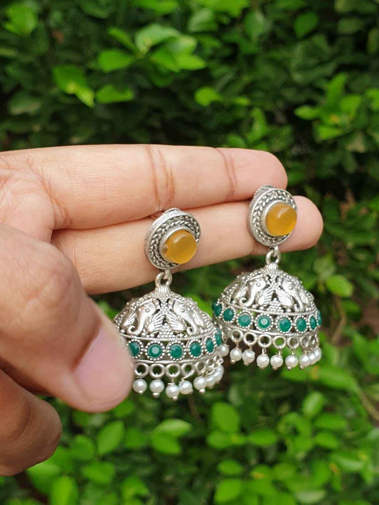 Mustard yellow & Green stone silver Jhumka E005