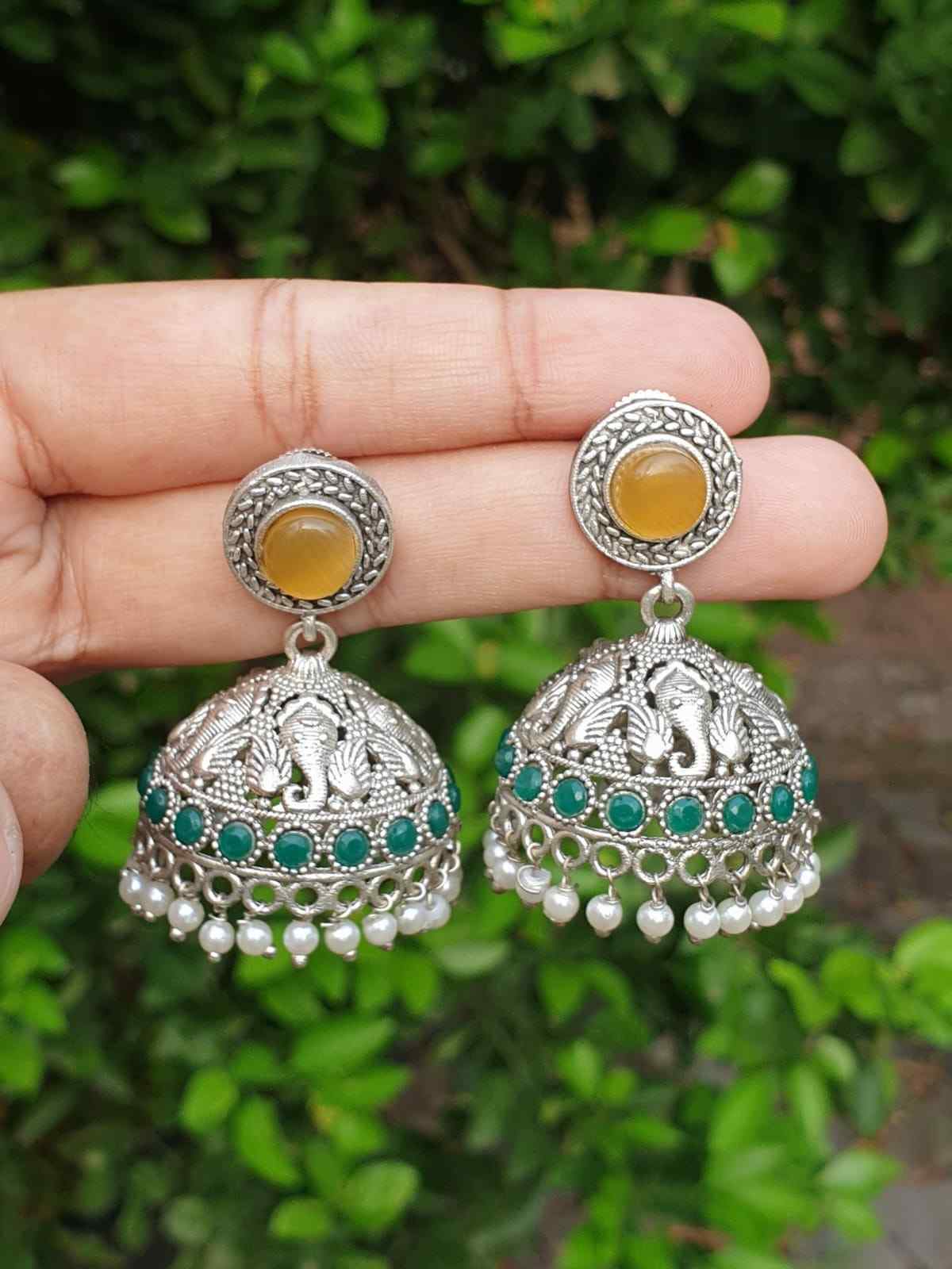 Mustard yellow & Green stone silver Jhumka E005