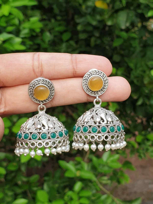 Mustard yellow & Green stone silver Jhumka E005