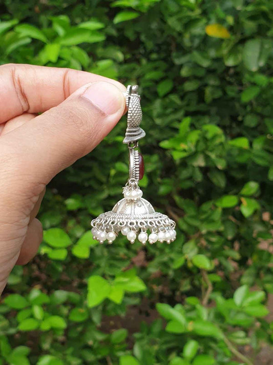 Peacock Pattern Ruby stone silver Jhumka E006
