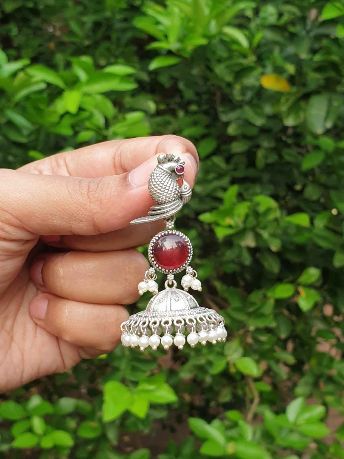 Peacock Pattern Ruby stone silver Jhumka E006