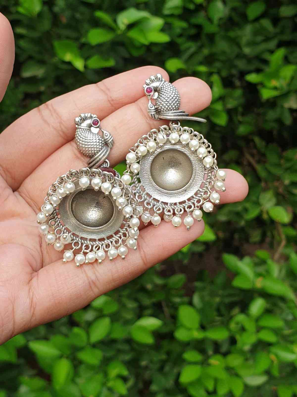 Peacock Pattern Ruby stone silver Jhumka E006