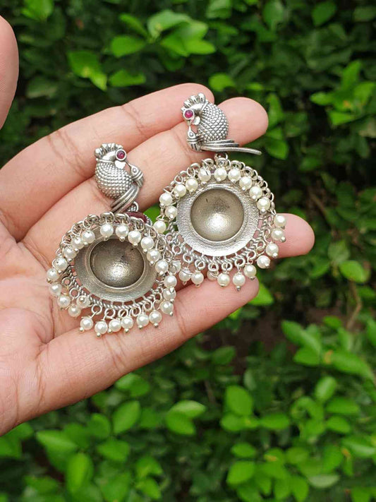 Peacock Pattern Ruby stone silver Jhumka E006