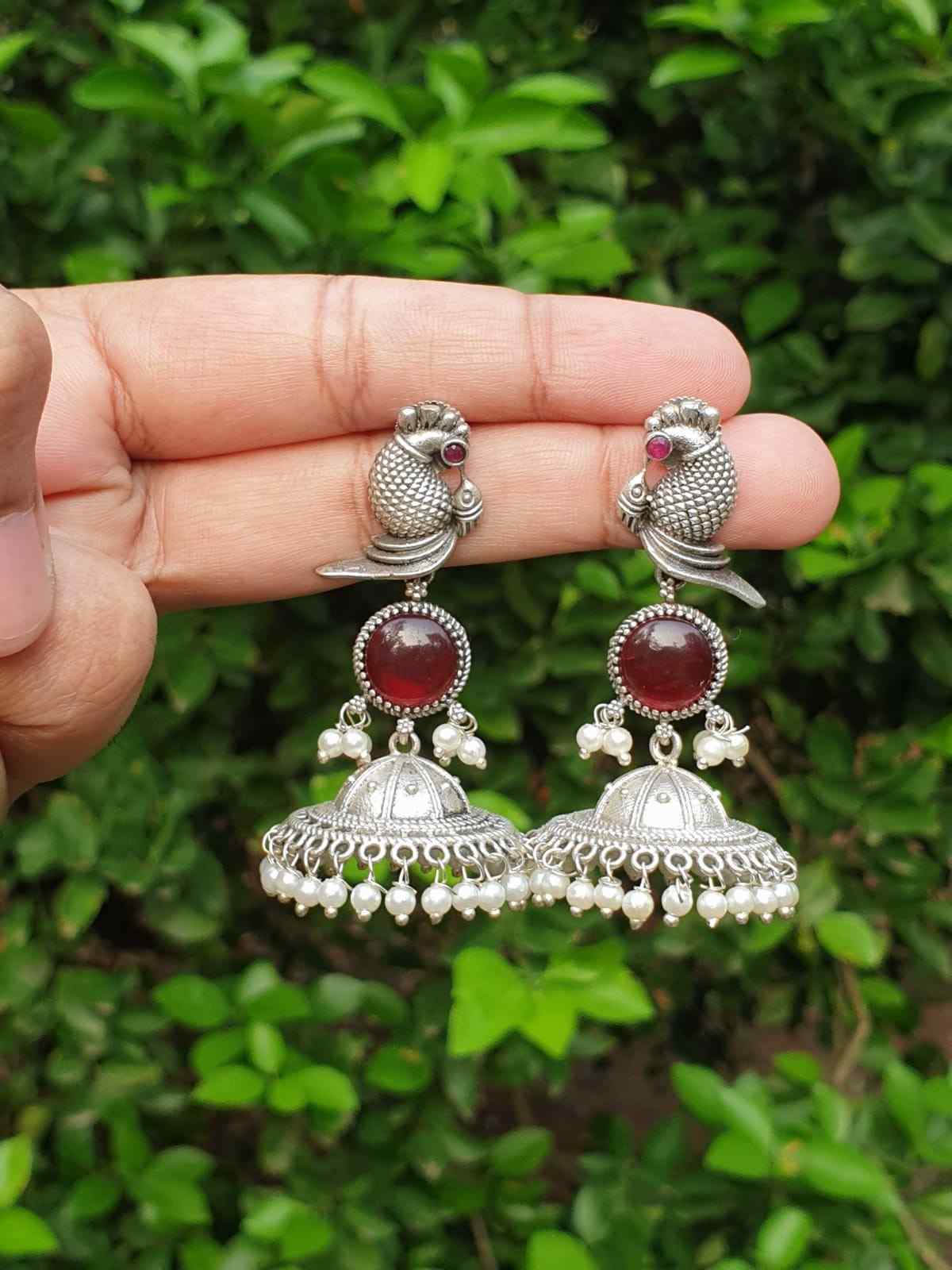 Peacock Pattern Ruby stone silver Jhumka E006