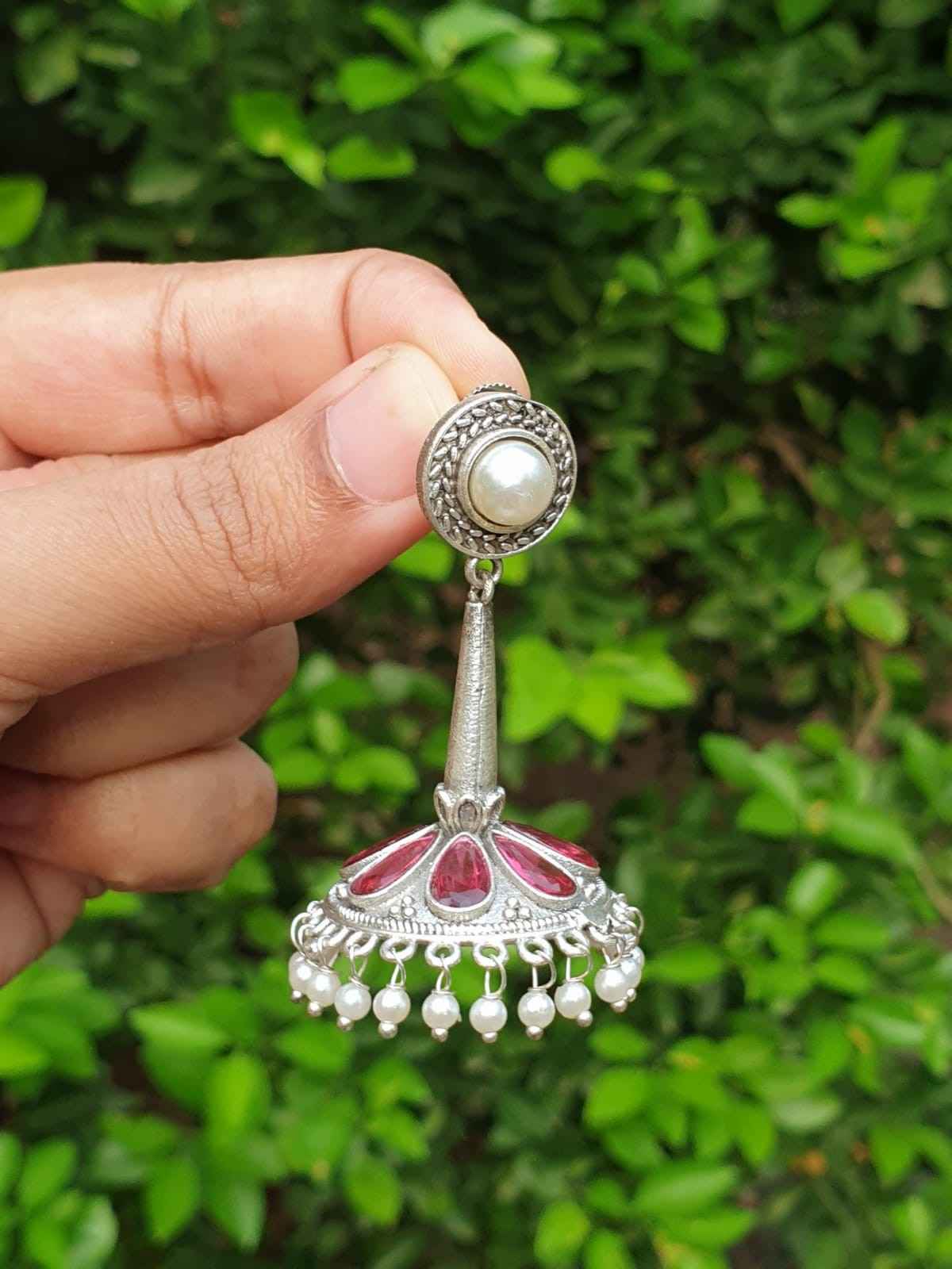 Red stone silver Jhumka E007
