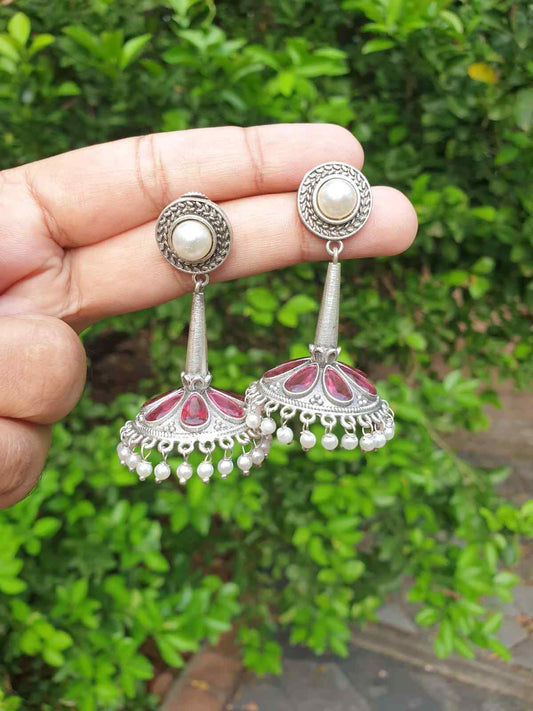 Red stone silver Jhumka E007