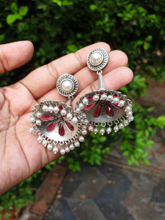 Red stone silver Jhumka E007