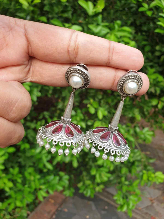 Red stone silver Jhumka E007