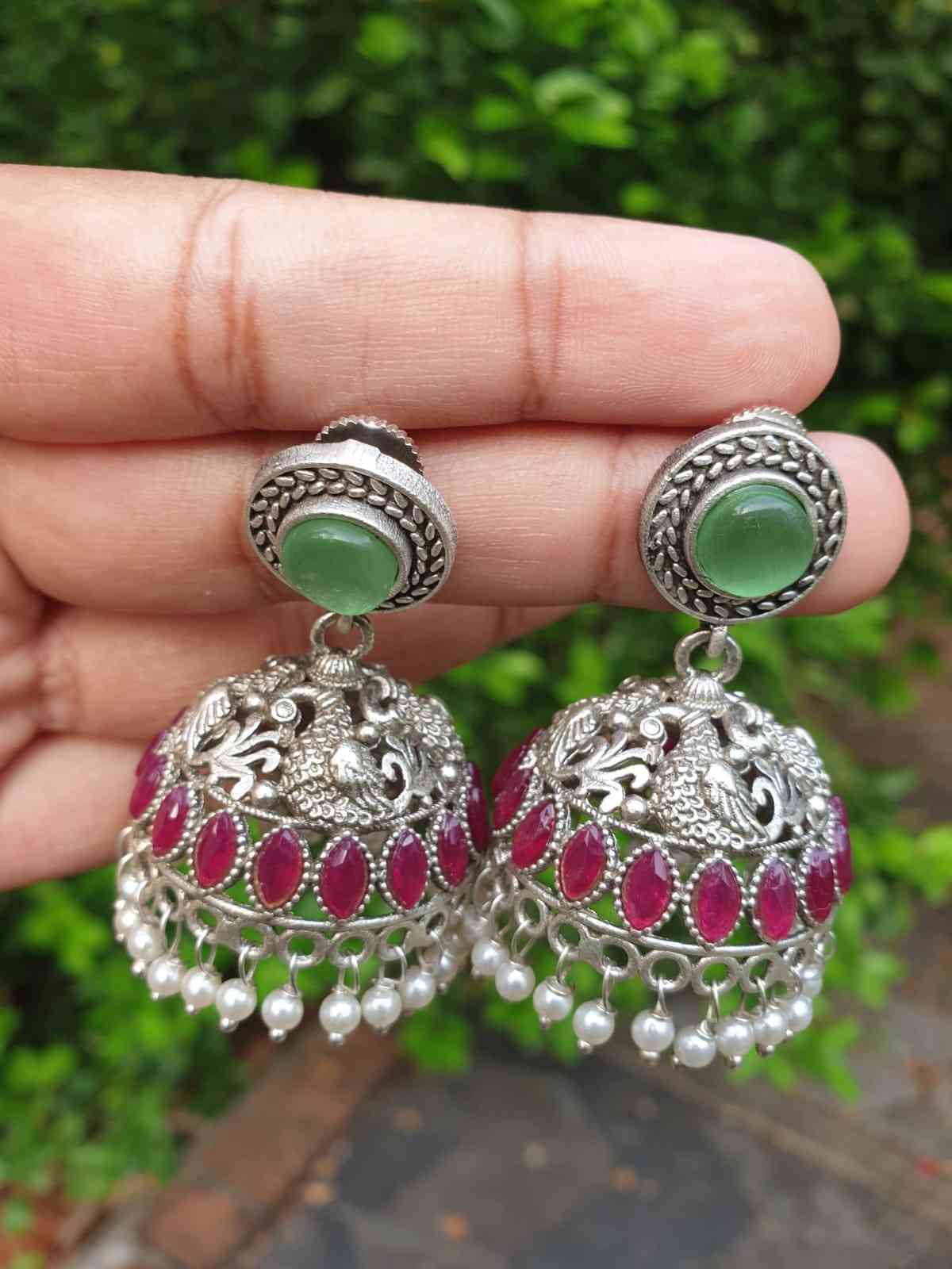 Mint Green & Dark Pink stone silver Jhumka E008