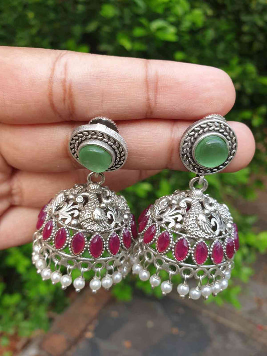 Mint Green & Dark Pink stone silver Jhumka E008