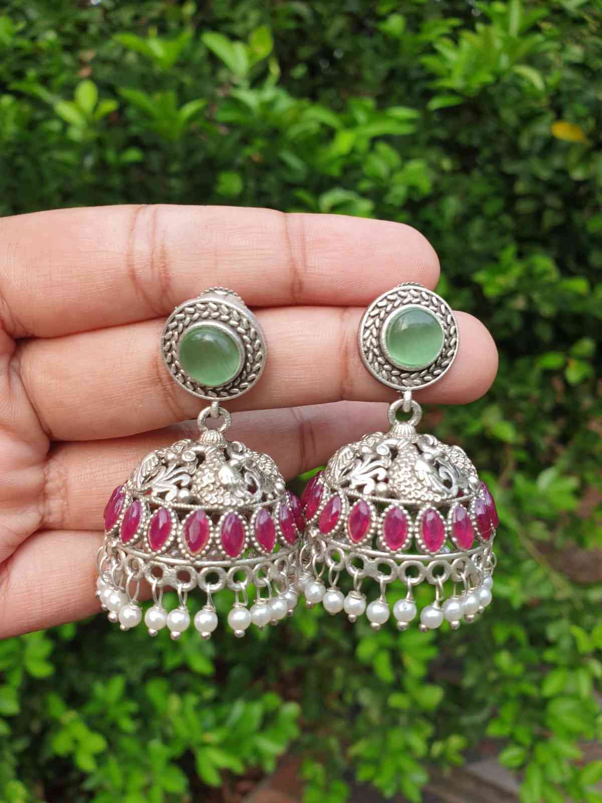 Mint Green & Dark Pink stone silver Jhumka E008