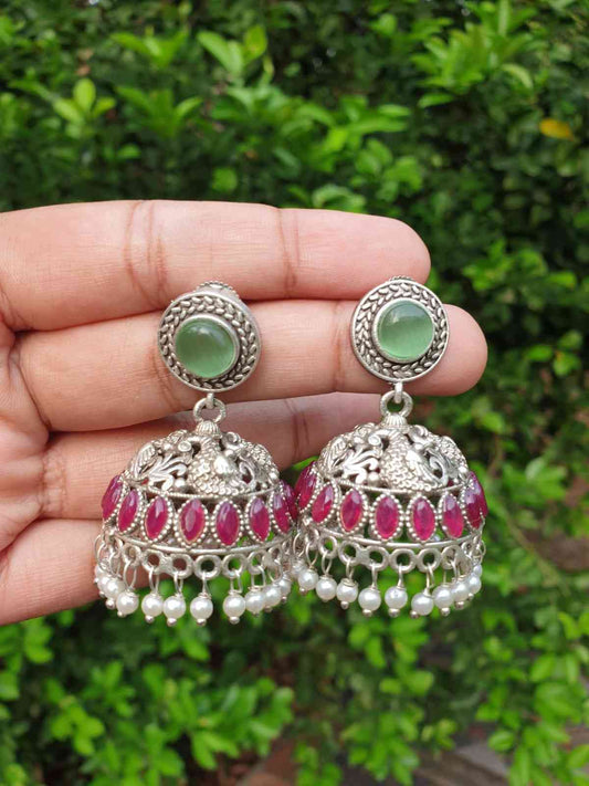 Mint Green & Dark Pink stone silver Jhumka E008