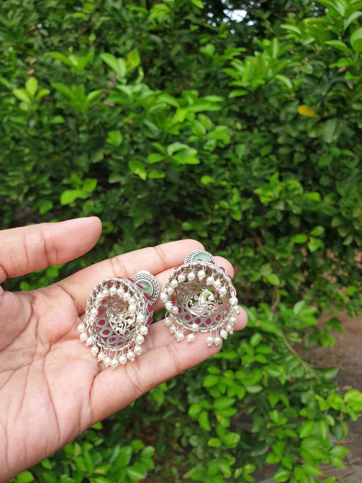 Mint Green & Dark Pink stone silver Jhumka E008