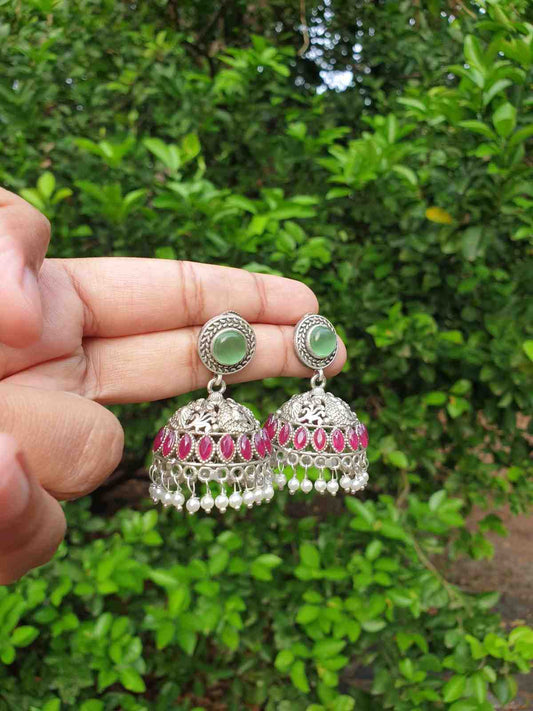 Mint Green & Dark Pink stone silver Jhumka E008