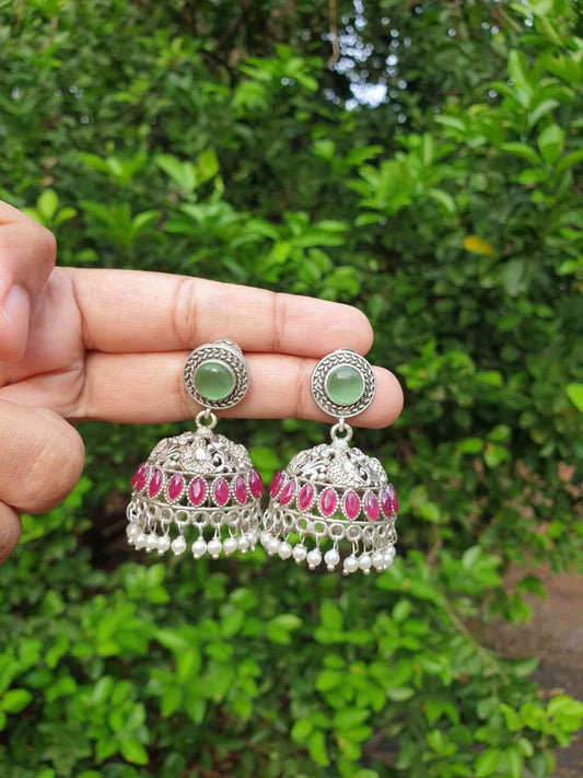 Mint Green & Dark Pink stone silver Jhumka E008