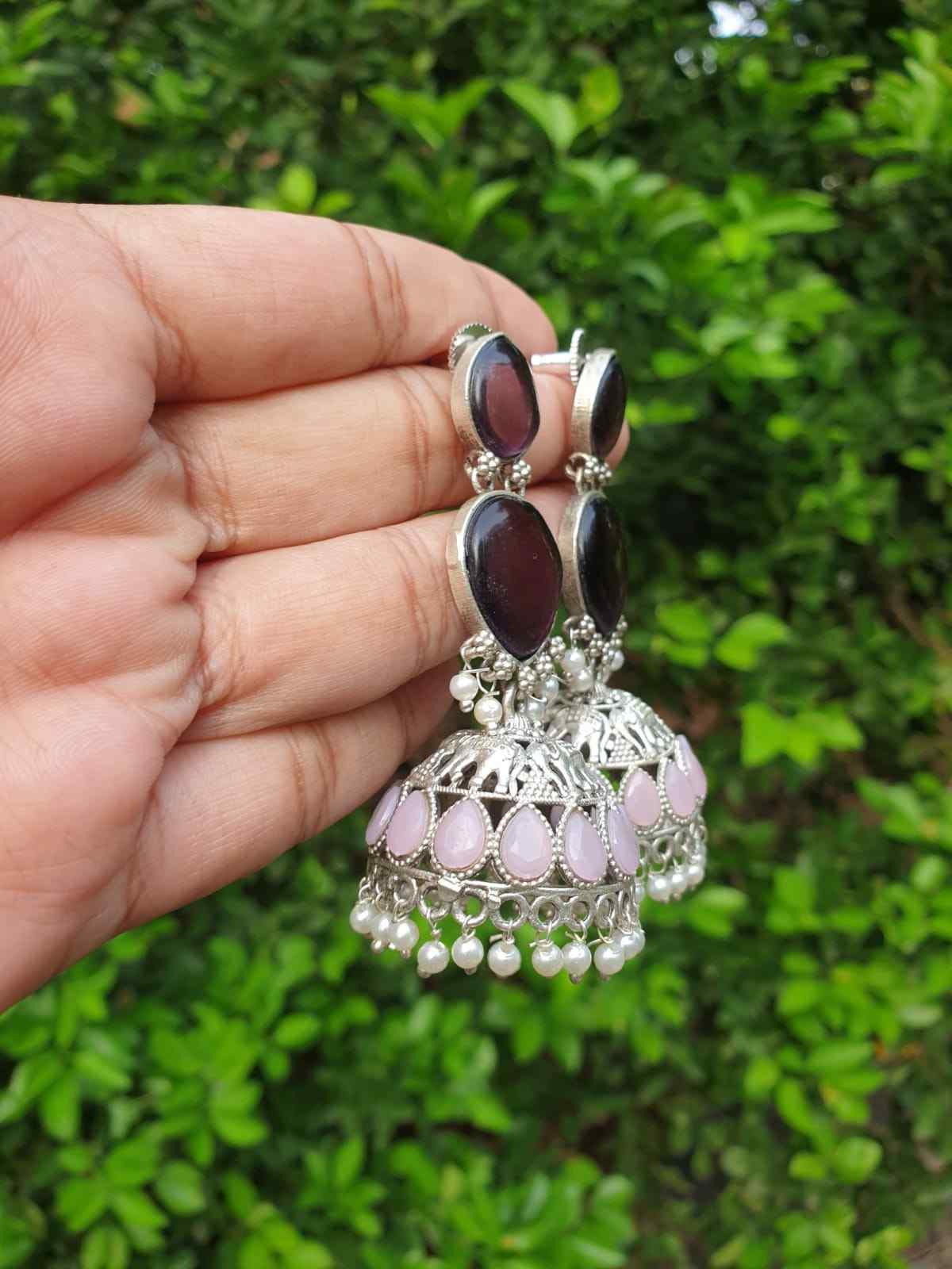 Purple Pink stone silver Jhumka E009