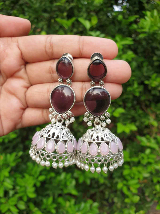 Purple Pink stone silver Jhumka E009