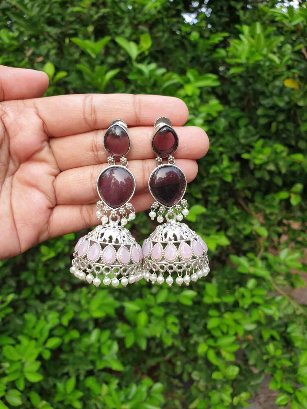 Purple Pink stone silver Jhumka E009